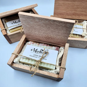 Handmade Soap & Soap Saver Bag in a Wooden Box